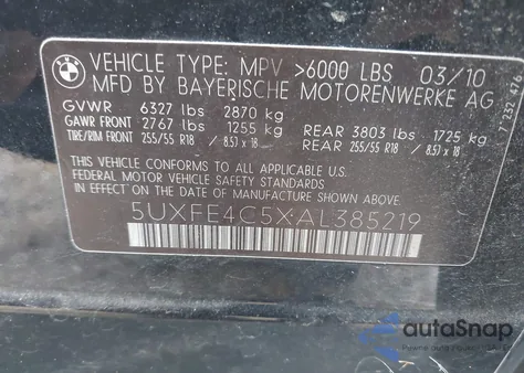 2010 BMW X5 xDrive30I z USA, uszkodzony, nr VIN 5UXFE4C5XAL385219